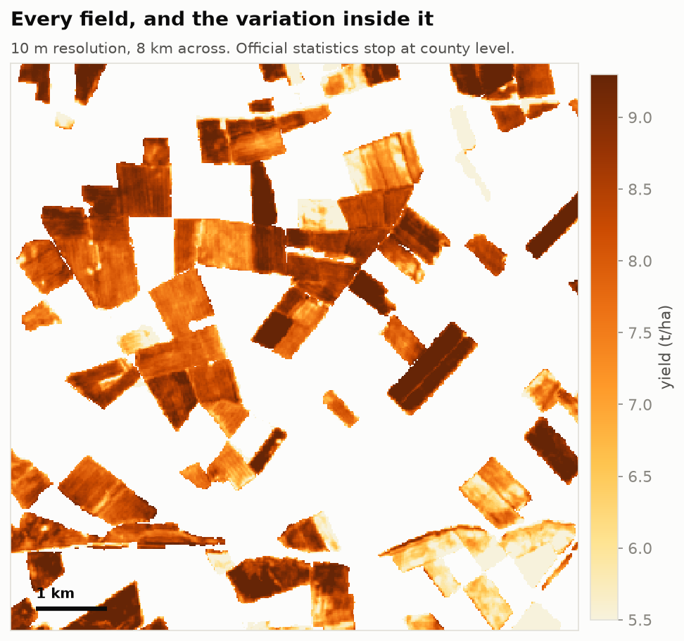 10 m resolution yield map of an 8 km square in eastern England, showing individual fields and variation within them.